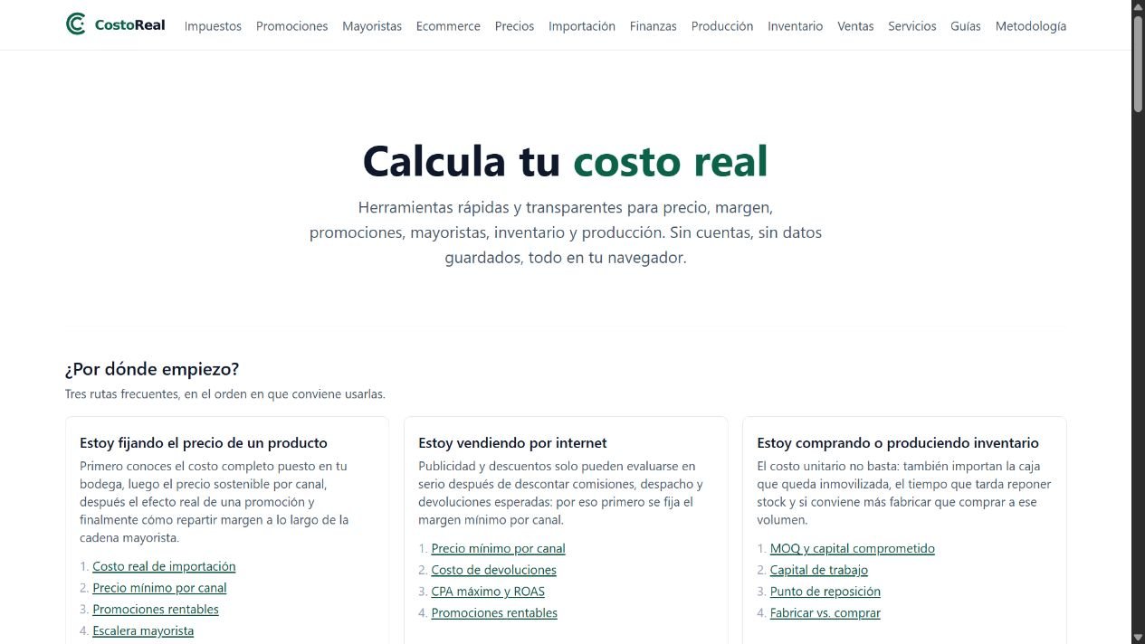 Portada de CostoReal con calculadoras de costo, precio y margen