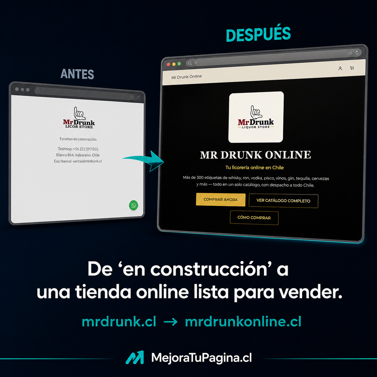 Comparación antes y después entre mrdrunk.cl y mrdrunkonline.cl